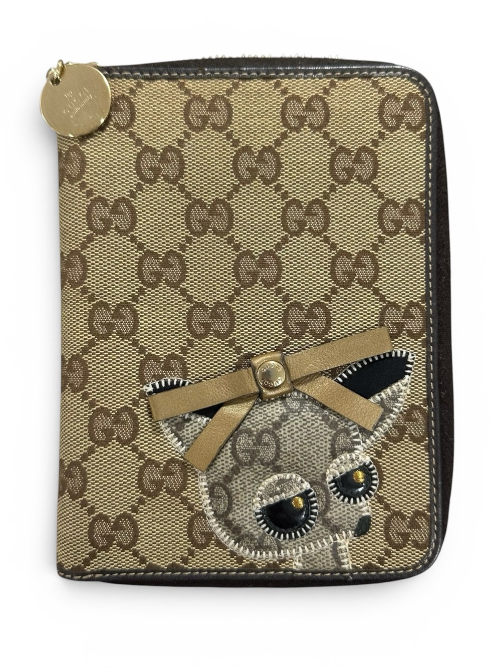 Gucci Guccioli Dog GG Monogram Tan Canvas & Brown Leather Agenda Organizer